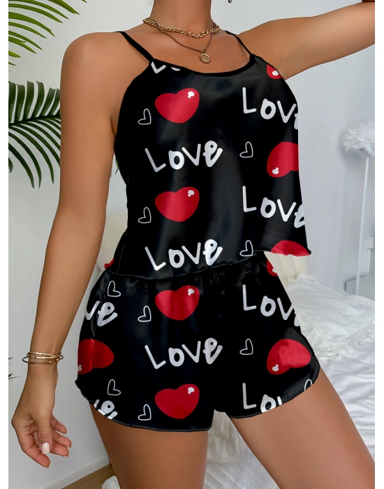Aşk Temalı Kalp Desenli Siyah Saten Şortlu Gecelik Takım