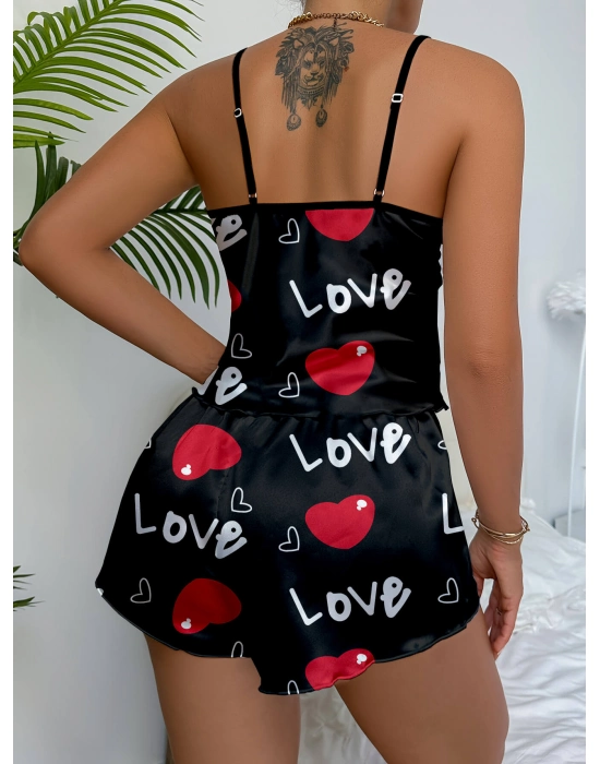 Aşk Temalı Kalp Desenli Siyah Saten Şortlu Gecelik Takım
