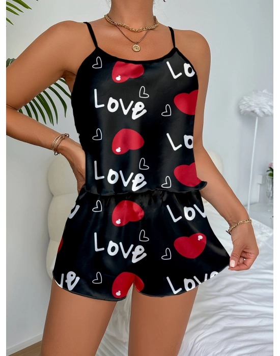 Aşk Temalı Kalp Desenli Siyah Saten Şortlu Gecelik Takım