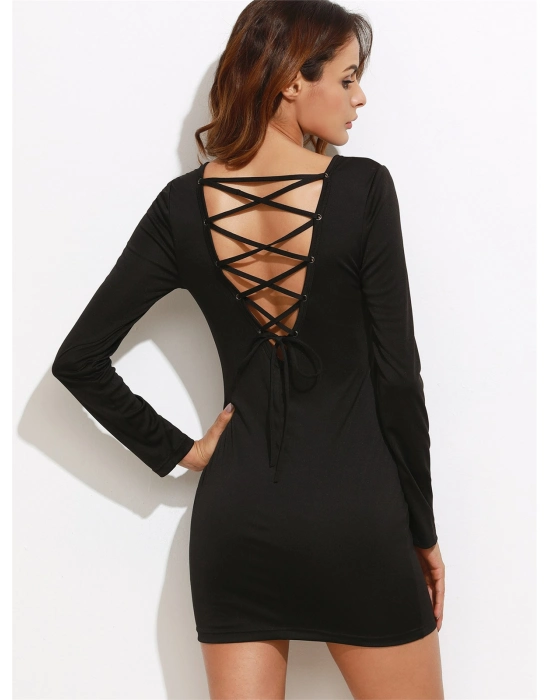 Beruflic B101321 Sırt Dekolteli Uzun Kollu Mini Elbise