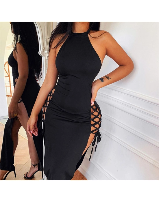 Beruflic Bayan Yandan Bağlı Yırbrfaçlı Siyah Elbise