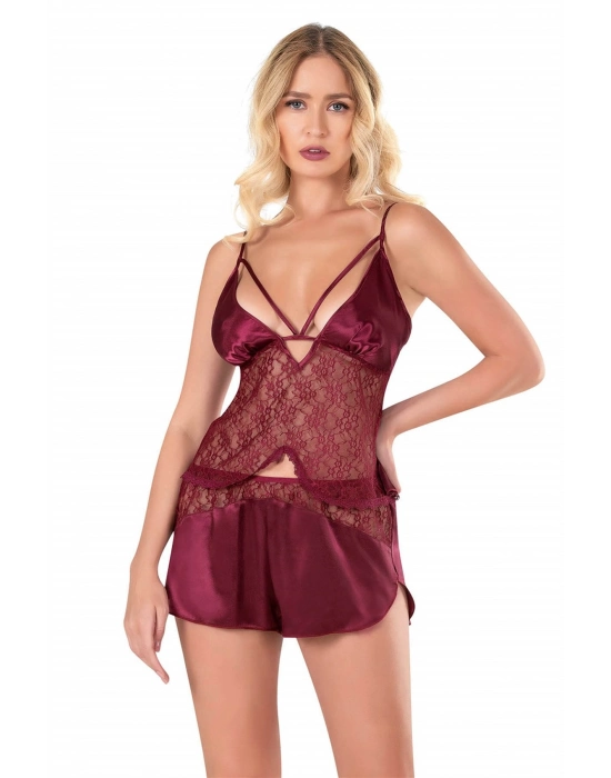 Beruflic  Bordo Saten Babydoll Şort Takımı