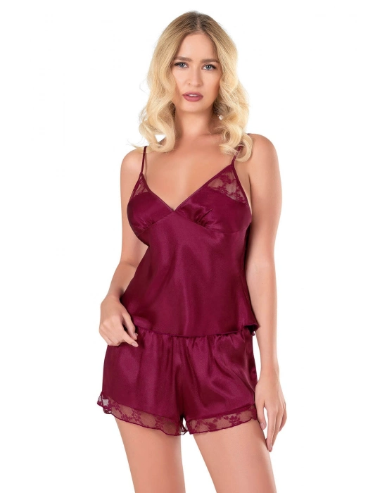 Beruflic  Bordo Saten Babydoll Şort Takımı