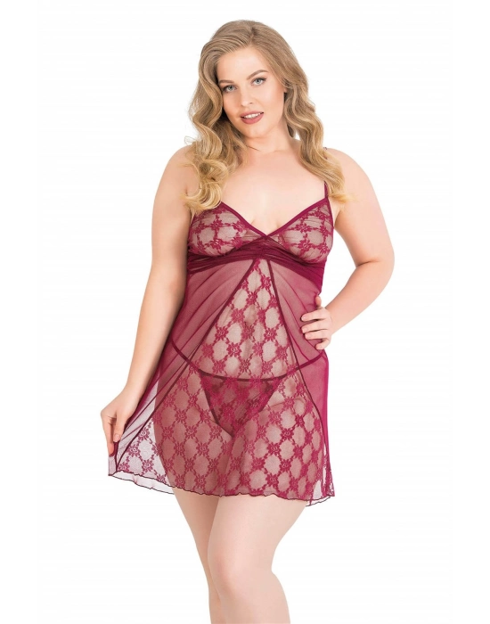 Beruflic  Büyük Beden Bordo Kısa Tül Gecelik