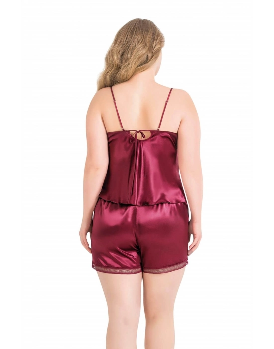 Beruflic  Büyük Beden Bordo Saten Babydoll Şort Takımı