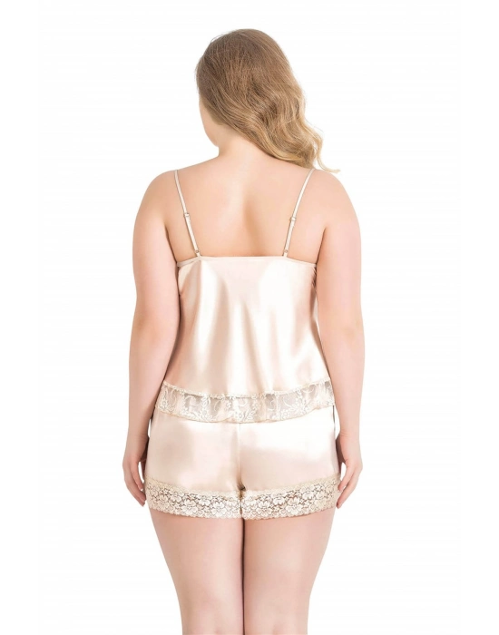 Beruflic  Büyük Beden Fildişi Saten Babydoll Şort Takımı