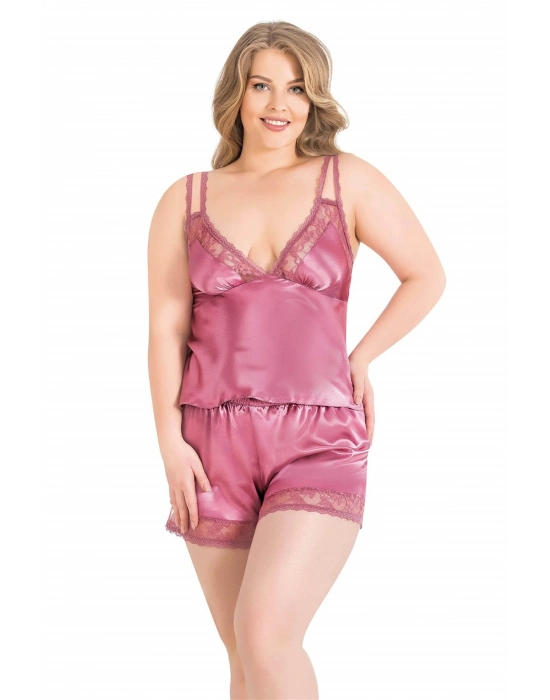 Beruflic  Büyük Beden Gül Kurusu Saten Babydoll Şort Takımı