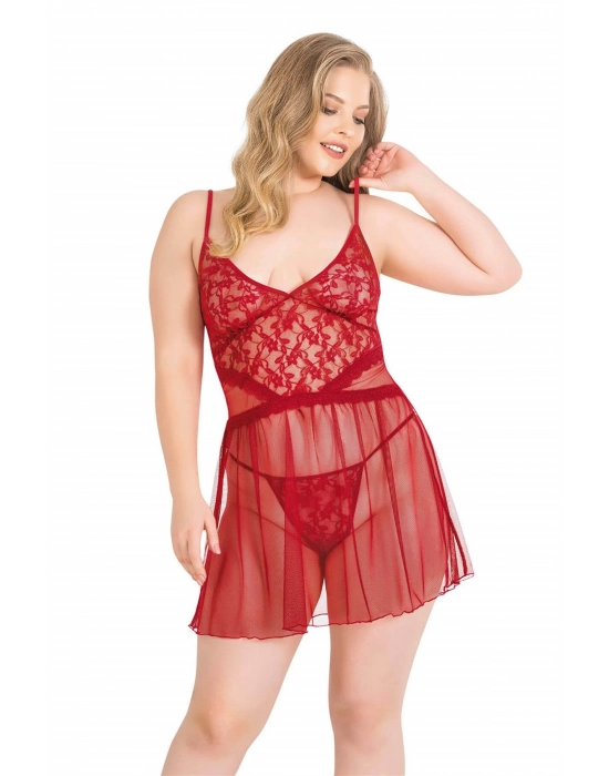 Beruflic  Büyük Beden Kırmızı Kısa Tül Gecelik