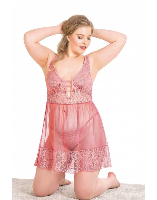 Beruflic  Büyük Beden Mercan Kısa Tül Gecelik