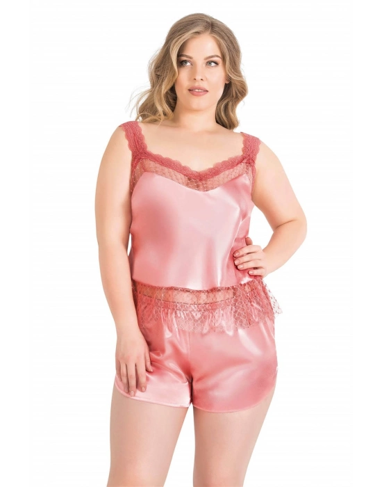 Beruflic  Büyük Beden Mercan Saten Babydoll Şort Takımı
