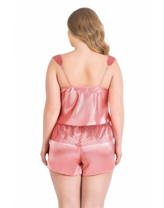 Beruflic  Büyük Beden Mercan Saten Babydoll Şort Takımı