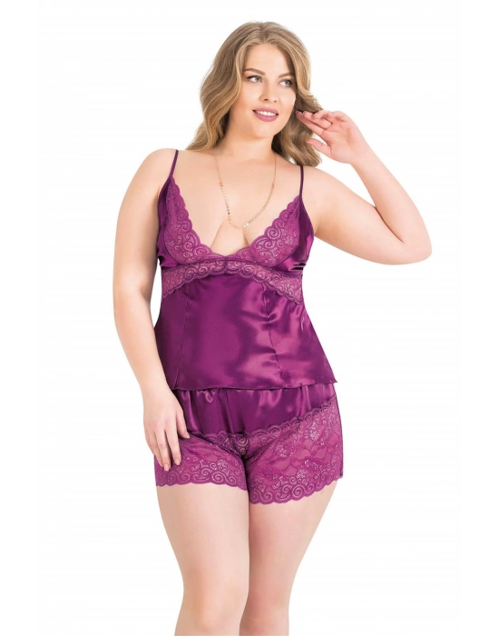 Beruflic  Büyük Beden Mor Saten Babydoll Şort Takımı