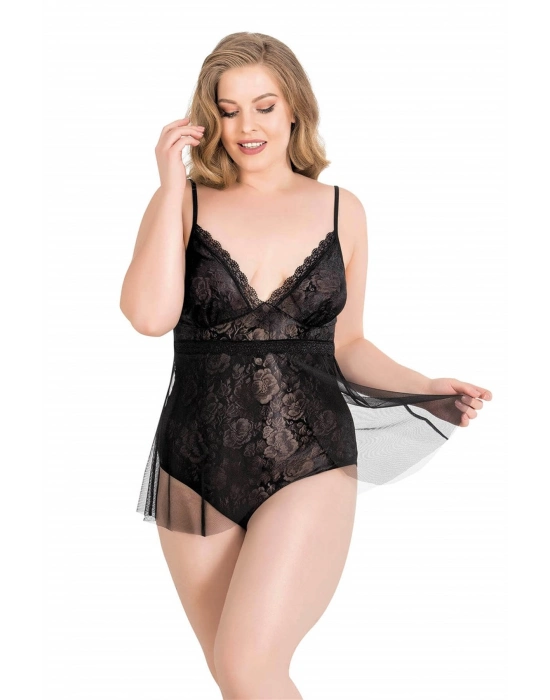 Beruflic  Büyük Beden Siyah Bodysuit Jakarlı Gecelik