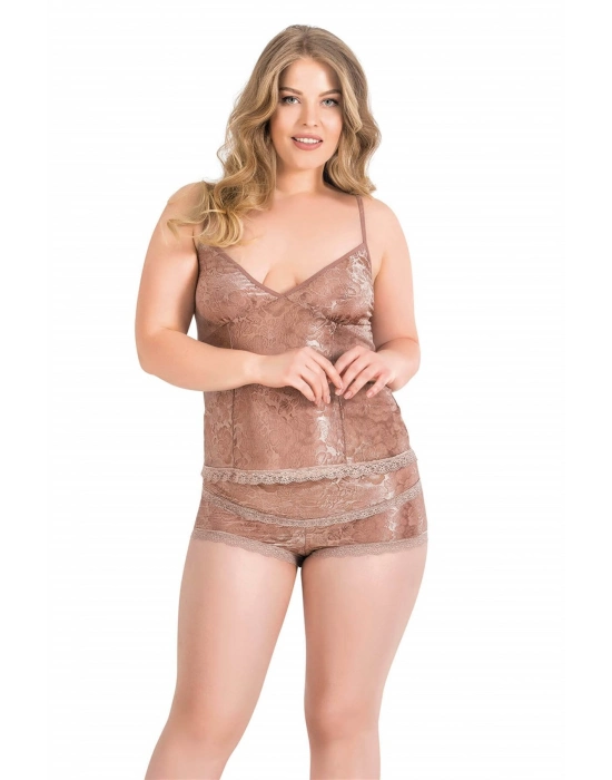 Beruflic  Büyük Beden Vizon Jakarlı Babydoll Şort Takımı