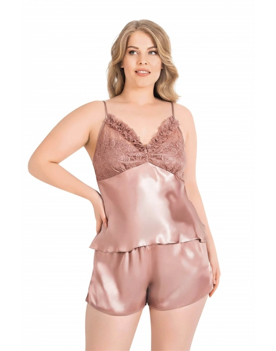 Beruflic  Büyük Beden Vizon Saten Babydoll Şort Takımı
