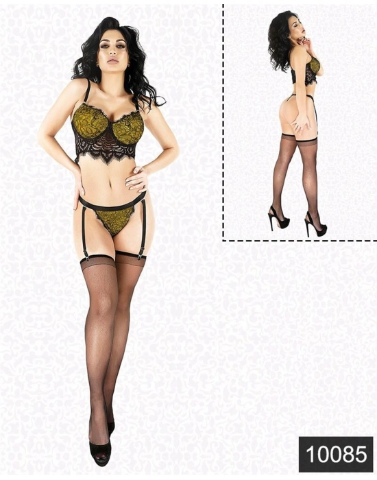 Beruflic Fantazi Sarı Lamine Dantel Jartiyer Büstiyer Takım