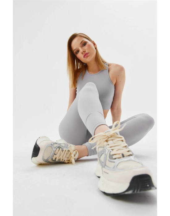 Beruflic Gri Yüksek Bel Fitilli Tayt 0608