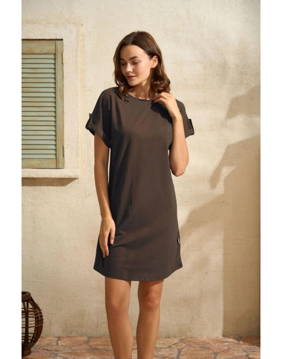 Beruflic Günlük Kısa Kol Bisiklet Yaka Cotton Düz Yazlık Kısa Kahve Pijama Takımı