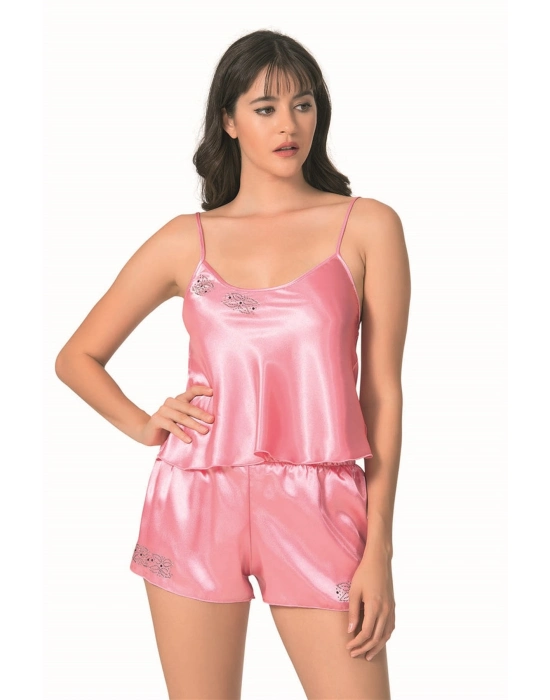 Beruflic  Koyu Pembe Saten Babydoll Şort Takımı