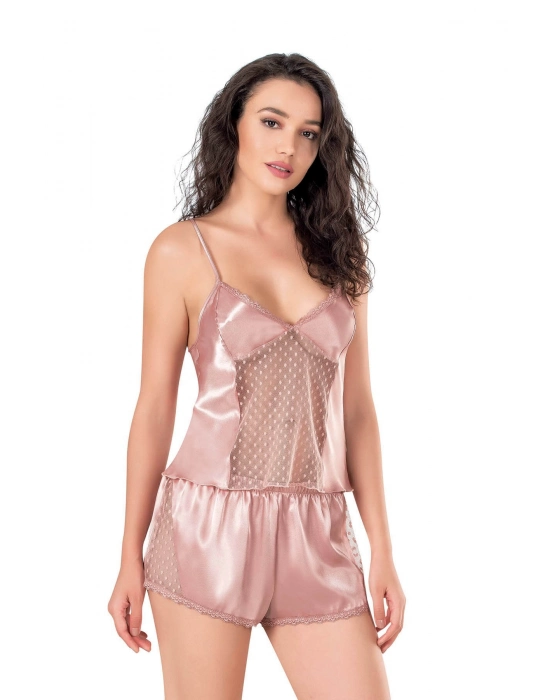 Beruflic  Koyu Pudra Saten Babydoll Şort Takımı