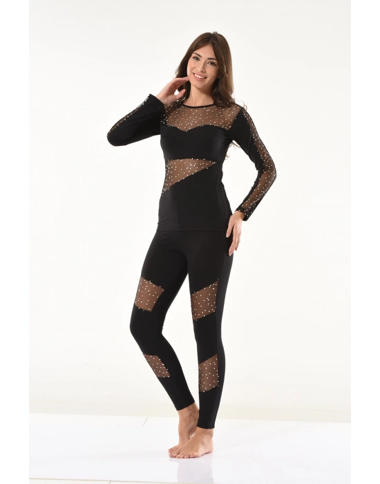 Beruflic Puanlı Transparan Detaylı Kadın Tayt Takım 1131