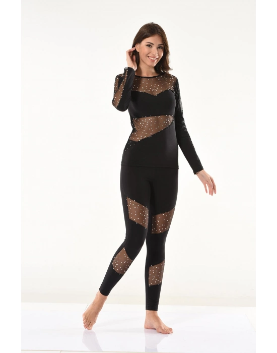 Beruflic Puanlı Transparan Detaylı Kadın Tayt Takım 1131