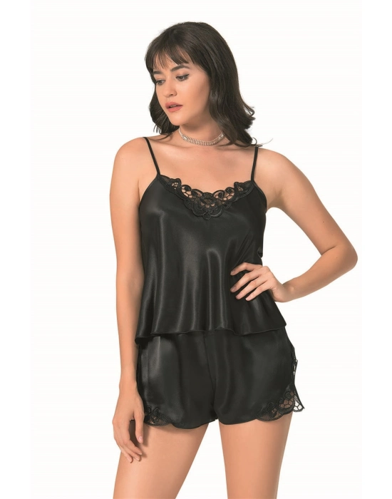 Beruflic  Siyah Saten Babydoll Şort Takımı