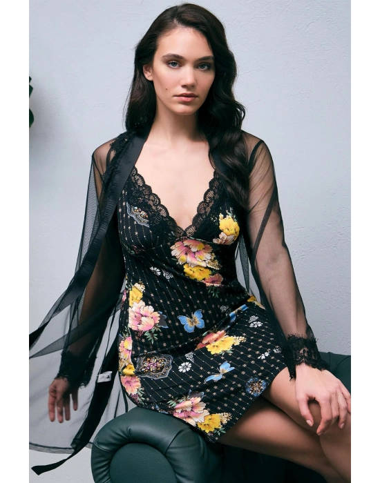 Beruflic Tül Sabahlık Ve Viskon Çiçek Baskılı Dantelli Kısa Gecelik Takım