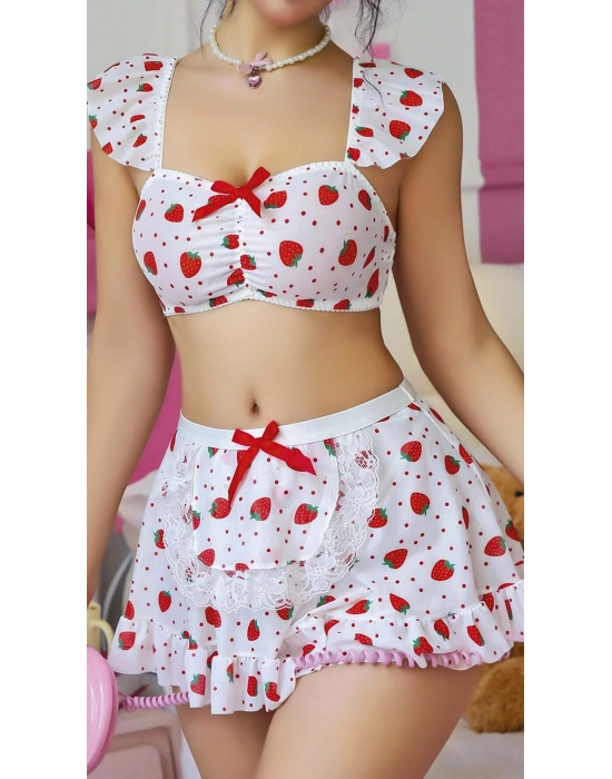 Beyaz Çilek Desenli Etekli Fantezi Sütyen Takım