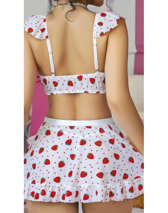 Beyaz Çilek Desenli Etekli Fantezi Sütyen Takım