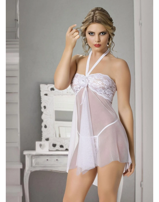 Beyaz Dantel İşlemeli Boyundan Bağlamalı Fantezi Tül Gecelik