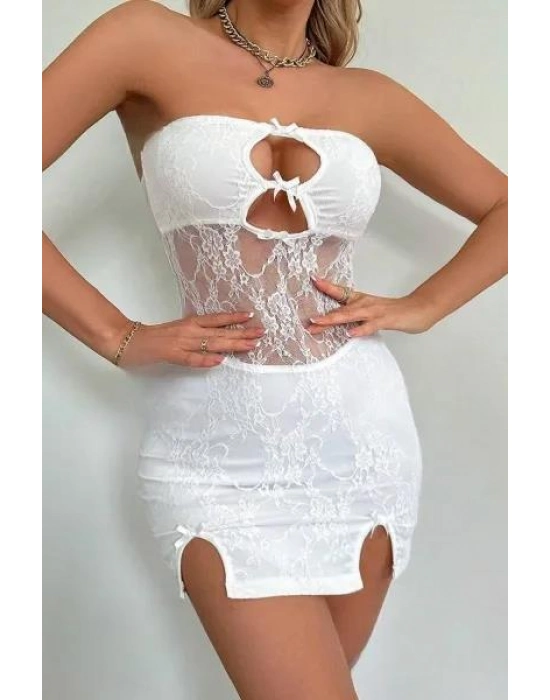 Beyaz Dantel İşlemeli Göğüs Dekolteli Seksi 5081