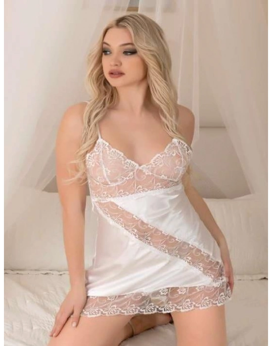 Beyaz Dantel İşlemeli İnce Askılı Saten Kısa Fantezi Gecelik