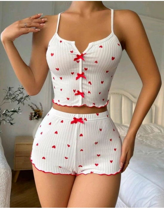 Beyaz Fiyonk Desenli Kalpli Askılı Şortlu Pijama Takım