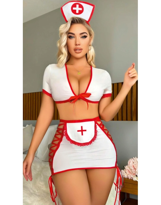 Beyaz Kenarları İp Detaylı Fantezi Hemşire Kostüm