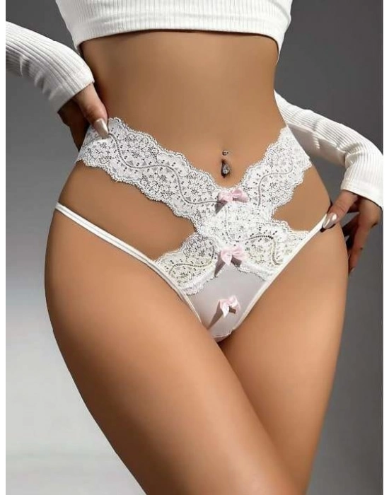 Beyaz Pembe Kurdelalı Dantelli Fantezi String Tanga