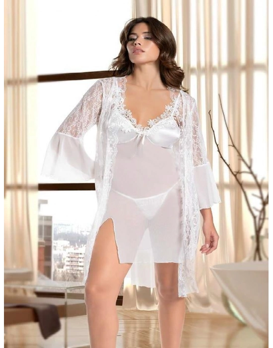 Beyaz Transparan Dantel İşlemeli Tül Yırtmaçlı 2li Gecelik Takımı