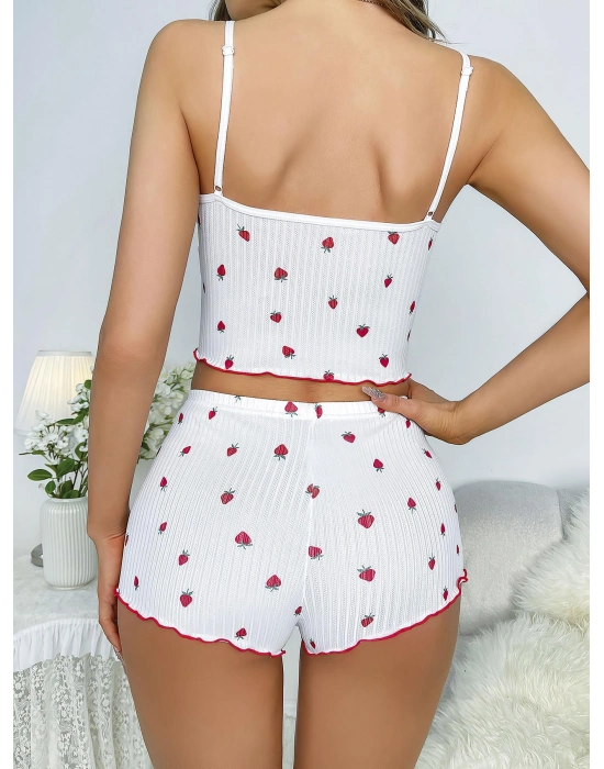 Beyaz Üstüne Çilek Desenli Askılı Şortlu Pijama Takımı