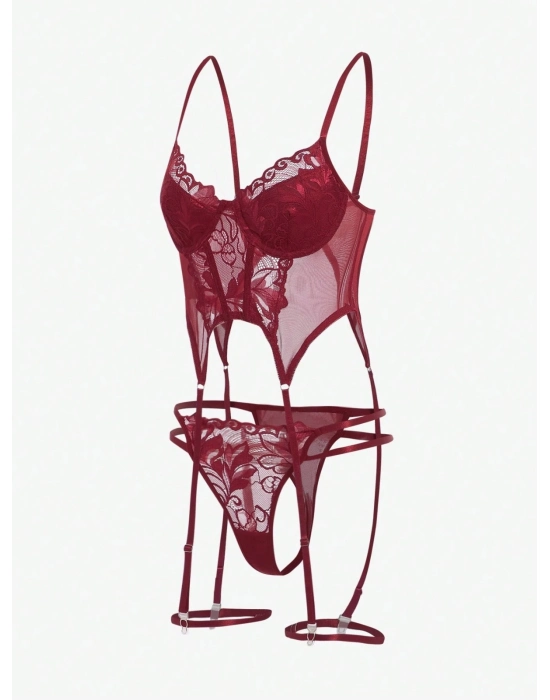 Bordo Babydoll İç Giyim Seti Bustiyer  ,külot , Bacak Bantları