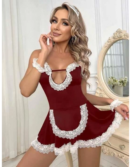 Bordo Beyaz Aksesuarlı Dantelli Fantezi Hizmetçi Kostümü
