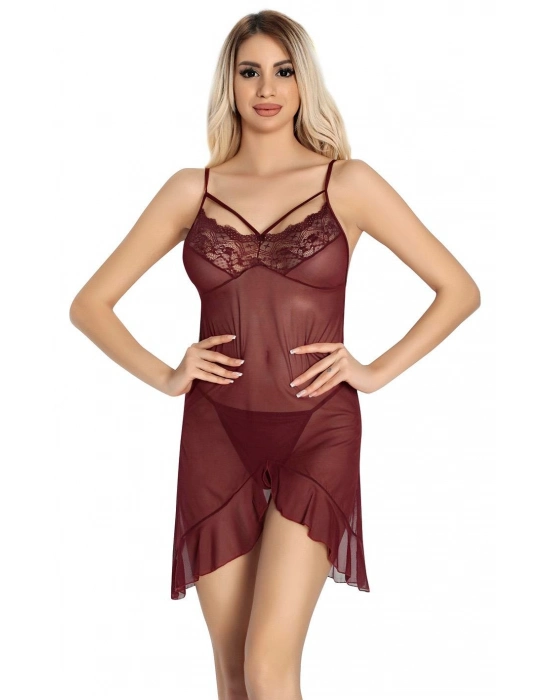 Bordo Dantel İşlemeli Göğğüs İp Detaylı Fantezi Tül Gecelik