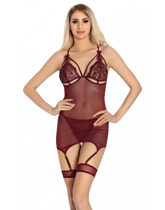 Bordo Dantel İşlemeli Göğüs İp Detaylı Fantezi Jartiyer Takımı
