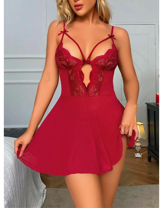 Bordo Dantel İşlemeli Göğüs İp Detaylı Fantezi Tül Gecelik Takımı