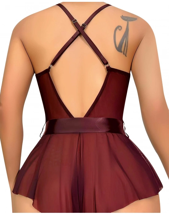 Bordo Dantel İşlemeli Kurdelalı Fantezi Tül Babydoll