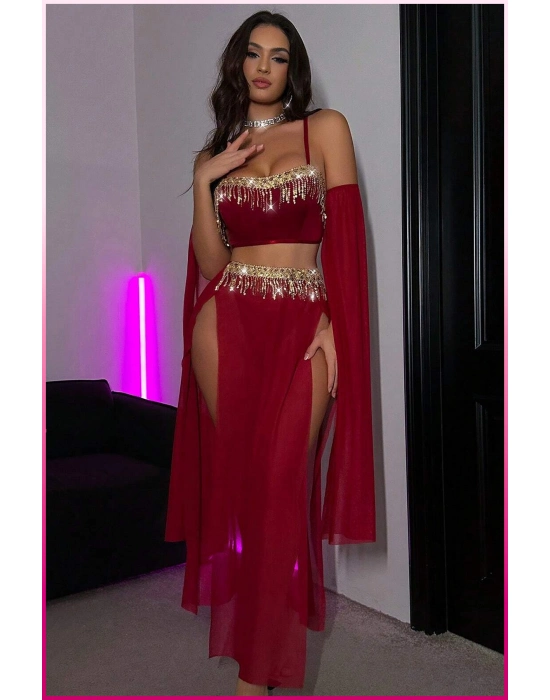 Bordo Pul Aksesuarlı Tül Etekli Kadın Seksi Gecelik