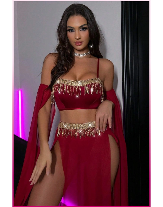 Bordo Pul Aksesuarlı Tül Etekli Kadın Seksi Gecelik