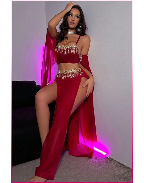 Bordo Pul Aksesuarlı Tül Etekli Kadın Seksi Gecelik