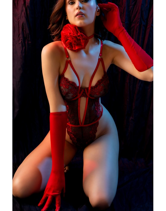 Bordo Transparan Çiçek Dantel Detaylı Seksi Body,fantezi İç Giyim Takımı Eldivenli, Seksi 3lü Set