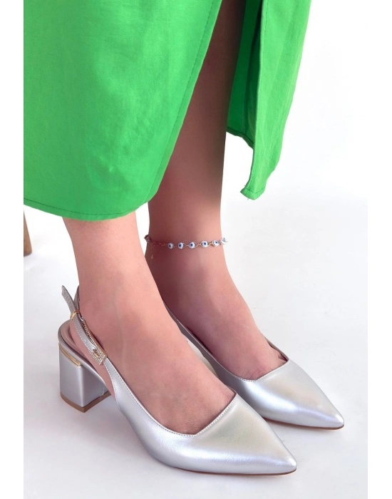 Buant Gümüş Cilt Topuklu Ayakkabı - Bamido