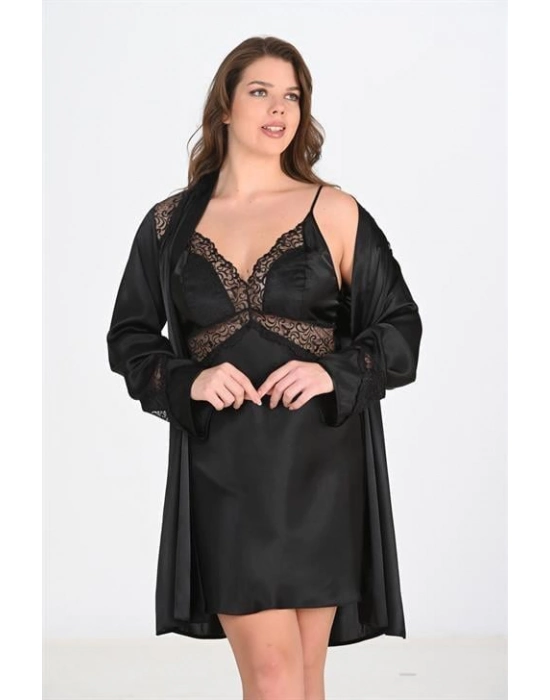 Büyük Beden 2li Siyah Sabahlık Takımı Bigsize